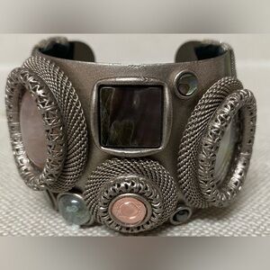 Sarah Cavender Metalworks Cuff Bracelet Bronze Gray Mesh Abstract Cabochon